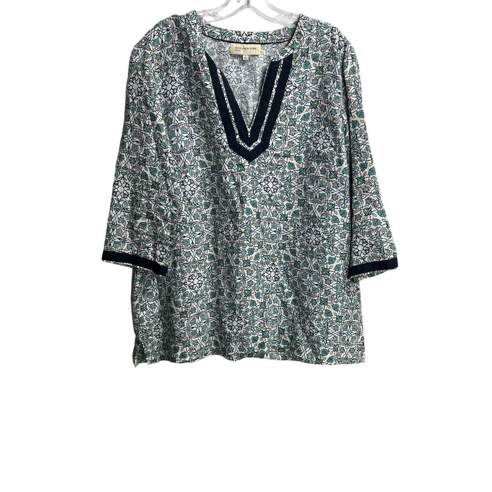 Jones New York Womens Blouse Size Large Floral Boho Linen V Neck 3/4 Sleeve